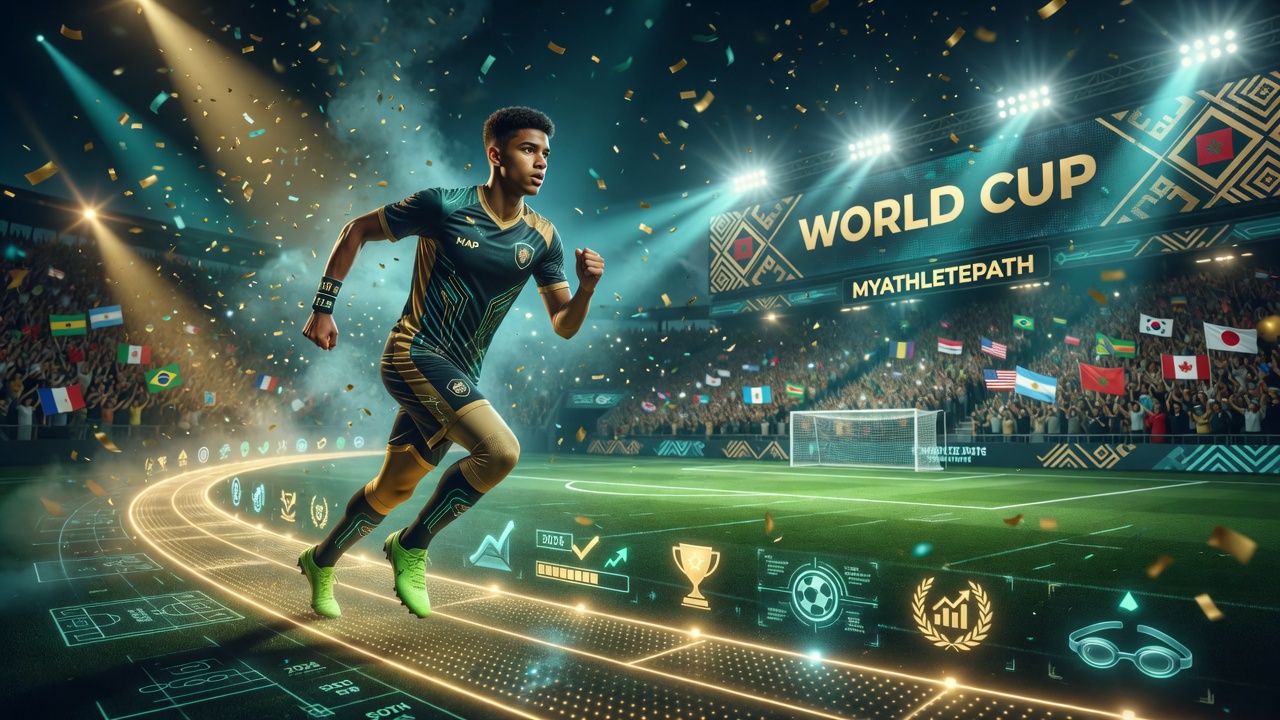 Young athlete sprinting through a packed World Cup stadium with confetti and global flags